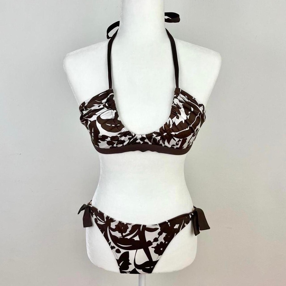 BCBG Maxazria brown and white floral halter bikini